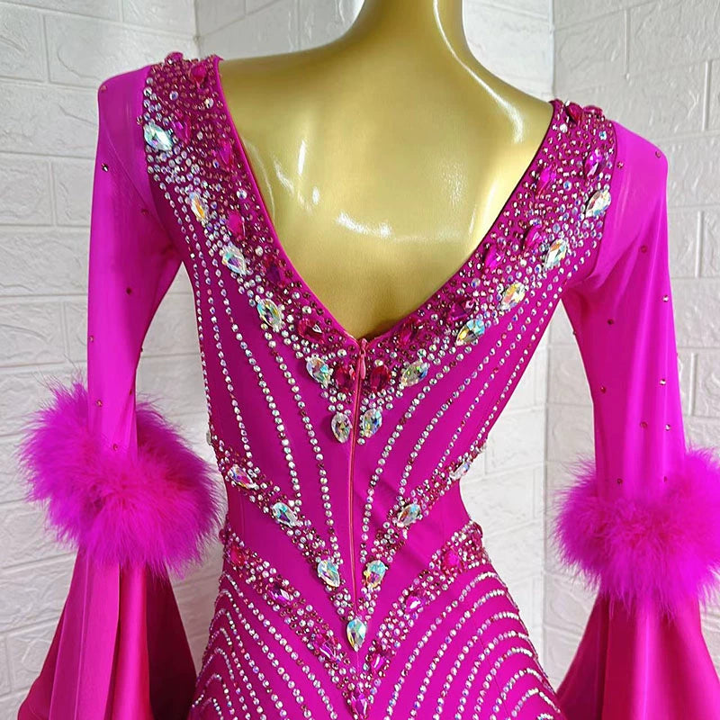 Custom Size Fuchsia Pearl Satin Competition Ballroom Dance Dresses for Women Girls Tango Rhythm Waltz Dance Long Skirts - Moderndancedress.com