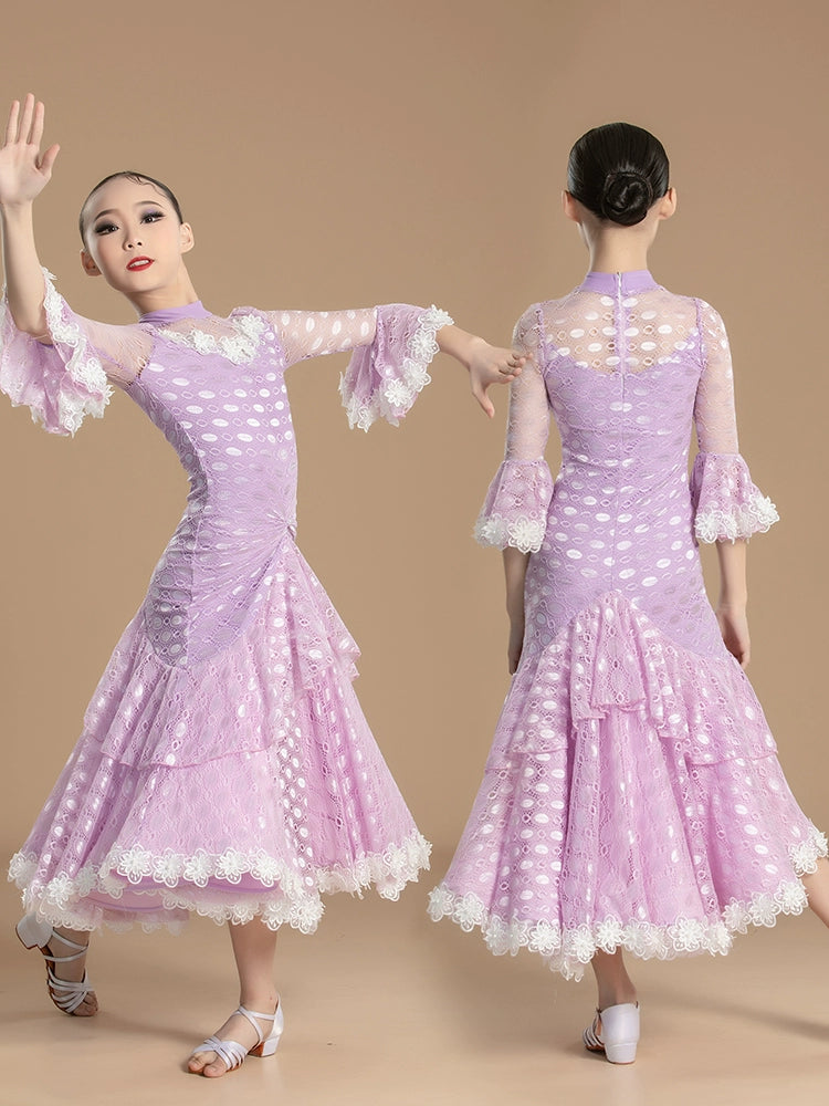Purple lace Modern Ballroom dance dresses for girls kids children Waltz ballroom tango Practice Clothes Training Dance Skirts for girl - Moderndancedress.com