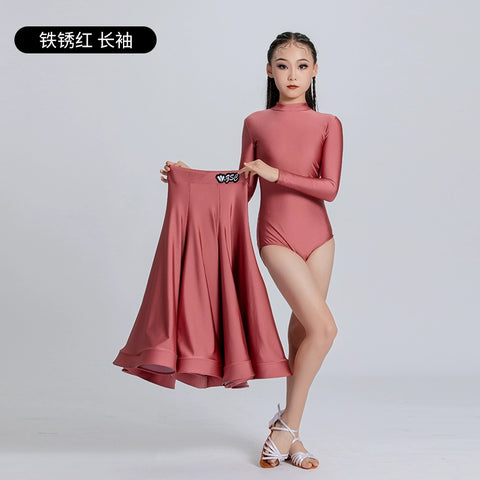 Blue Red Ballroom Dance Dresses for Girls Kids Long-sleeved  Latin Tango Waltz Juvenile Performance Long Gown Art Test Performance Skirts - Moderndancedress.com
