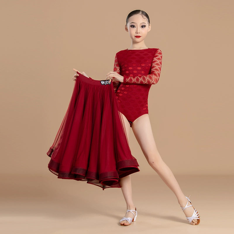 Wine Red Modern ballroom Dance Dress for girls kids Professional Regulations Competition waltz tango foxtrot dance gown  Long sleeved - Moderndancedress.com