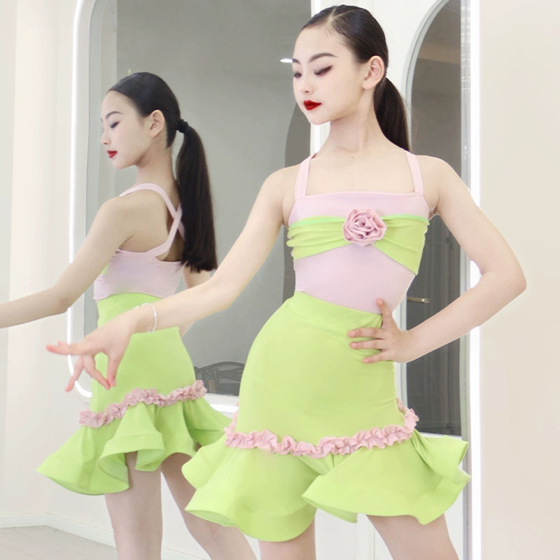 Girls Latin Dance Dresses Pink Green Flowers Latin Salsa Rumba Ballroom Ball Solo Performance Costumes for Kids