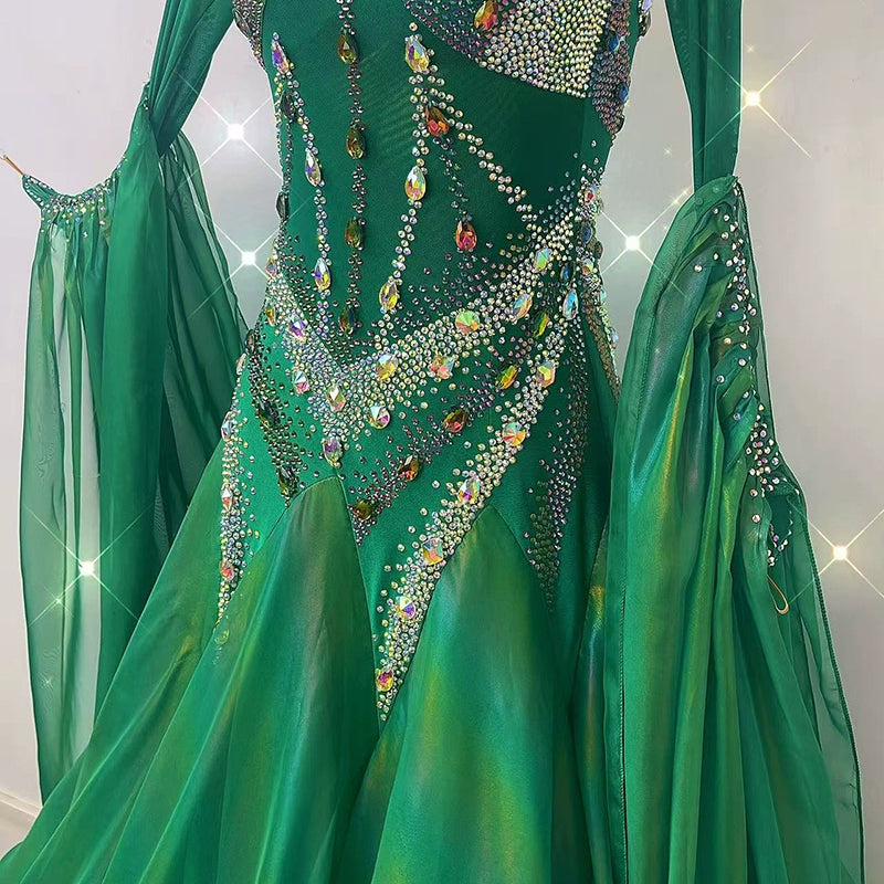Custom size green competition ballroom dance dresses for women girls waltz tango foxtrot dance long gown - Moderndancedress.com