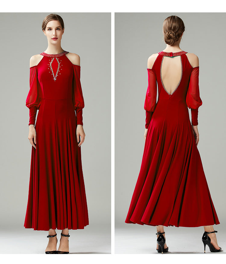 Mint Black Hollow Shoulder Ballroom Dance Dresses for Women Girls Waltz Tango Smooth Dance Long Gown - Moderndancedress.com