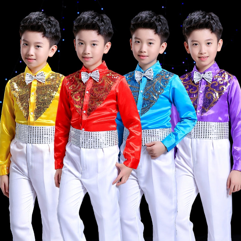 Boys Hip Hop Costume Sequin Shirts White Pants Suit Jazz Costumes Kids Stage Dancing Outfit Children Street Show Wear - Moderndancedress.com