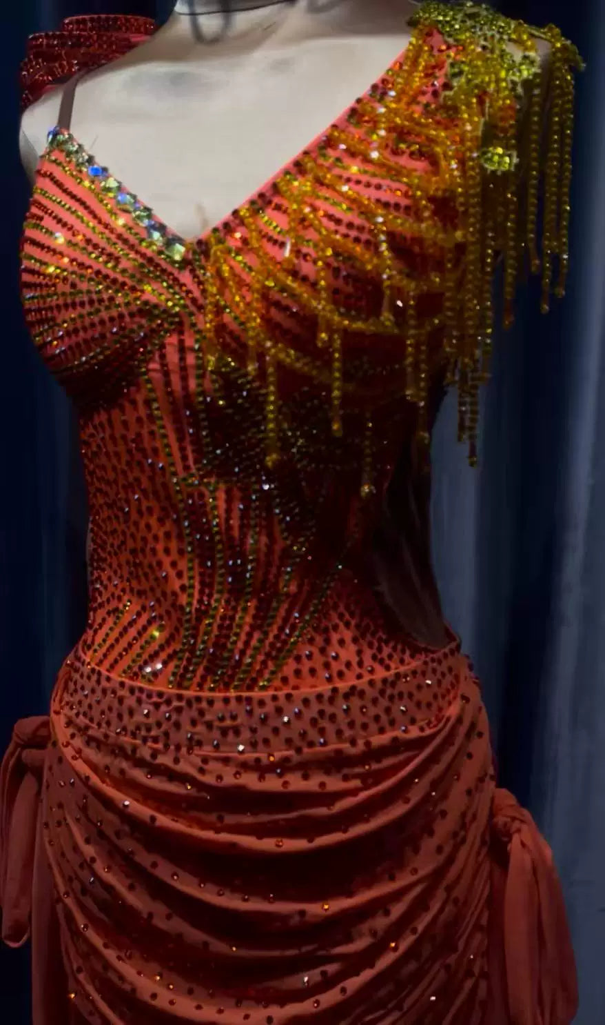 Custom Vibrant Orange Latin Dance Dress Rhinestone Fringe Competition Gown