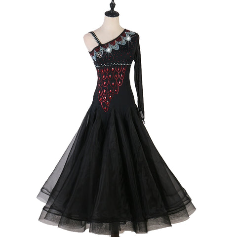 One Shoulder Rhinestones Competition Ballroom Dance Dresses for Women Girls Orange Black Waltz Tango Foxtrot Rhythm Performance Long Gown - Moderndancedress.com