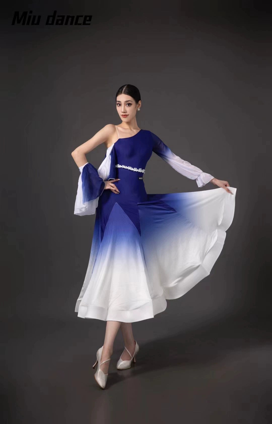 Blue Gradient modern Ballroom dance dresses for women girls one shoulder slant neck tango waltz foxtrot smooth dance fishbone skirt with belt - Moderndancedress.com