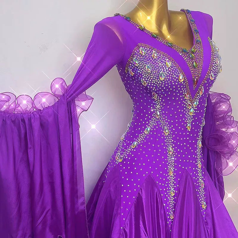 Custom Purple Ballroom Dance Competition Dress with Crystals Waltz Smooth Dance Gown