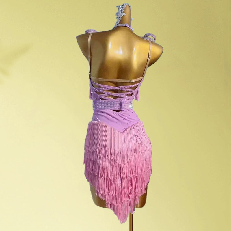 Custom Size Blue Pink Red Rhinestones Competition Latin Dance Dresses for Women Girls Salsa Rumba Chacha Tassel Dancing Skirts - Moderndancedress.com