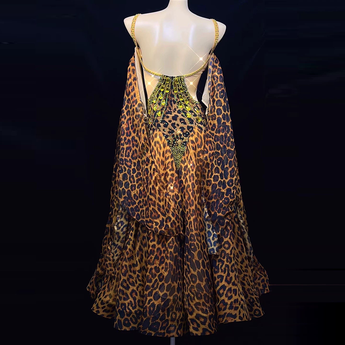 Custom Leopard Ballroom Dance Dress with Gold Stones Modern Waltz Tango Performance Gown