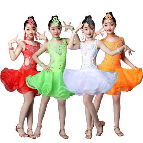 Competition Latin Dance Dresses for Kids Girls Orange White Red Neon Green Rhinestones Competition Grade Salsa Chacha Party Performance Outfits for Kids - Moderndancedress.com