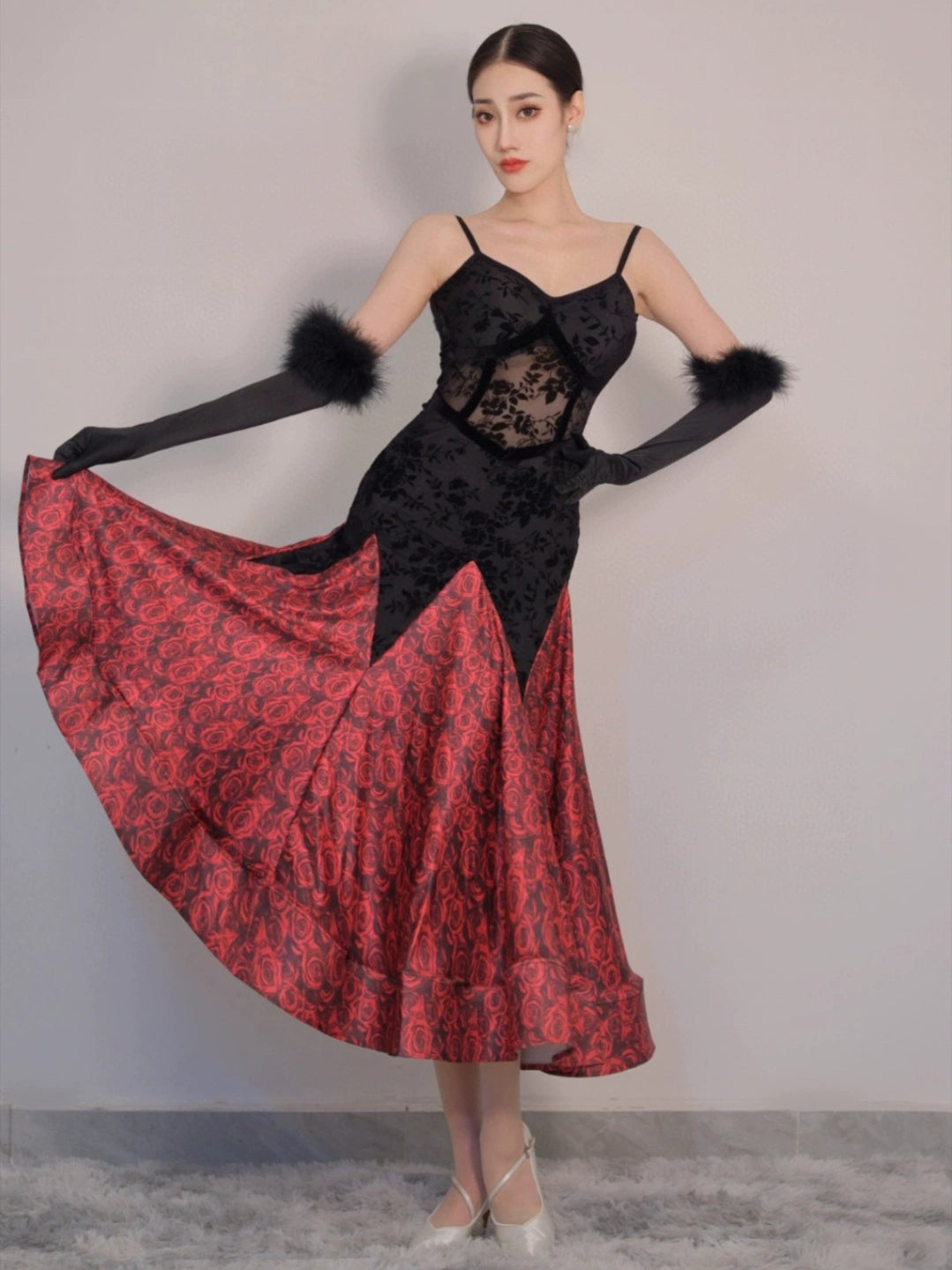 Red Rose Flowers Ballroom Dance Dresses for Women Girls Waltz Tango Foxtrot Rhythm Feather Performance Gown - Moderndancedress.com