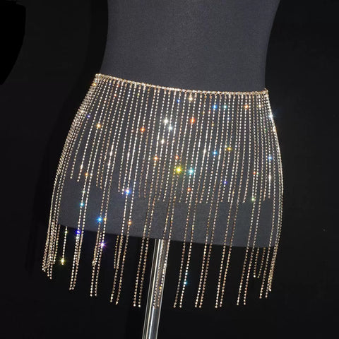 Women girls latin jazz rave dance Rhinestone tassel waist chain hollow bling hot pole dance tassel skirt belly dance body chain belts - Moderndancedress.com