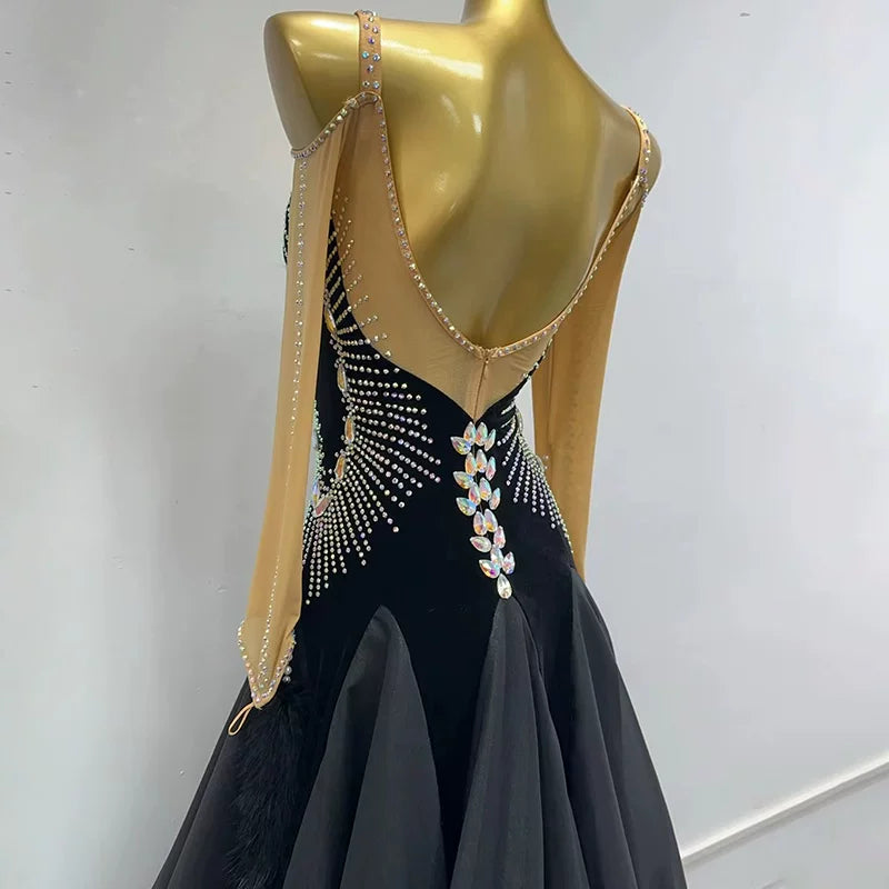Customized Black Velvet Gold Stones Competition Ballroom Dance Dress Waltz Tango Rhythm Smooth Dance Gown