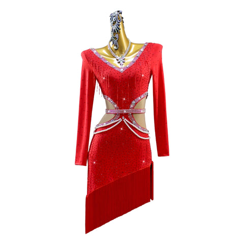 Red fringe competition Latin dance dresses for women girls salsa samba chacha gemstones bling performance costume - Moderndancedress.com