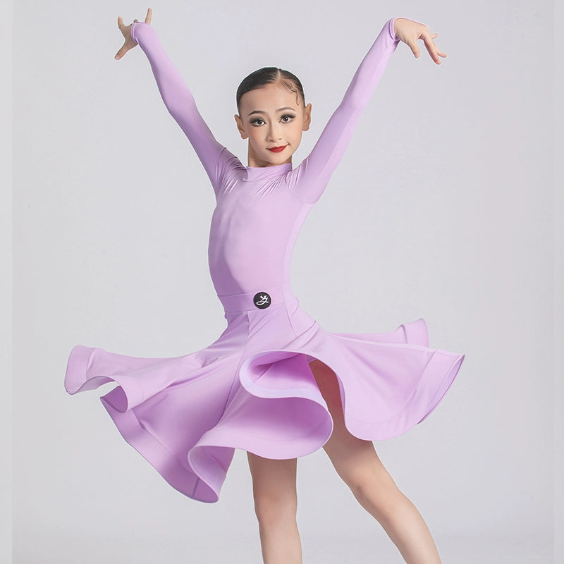 Professional Ballroom Latin Dance Dresses for Girls Kids Wine Lavender Purple Navy Long Sleeves Salsa Rumba Chacha Performance Costumes - Moderndancedress.com