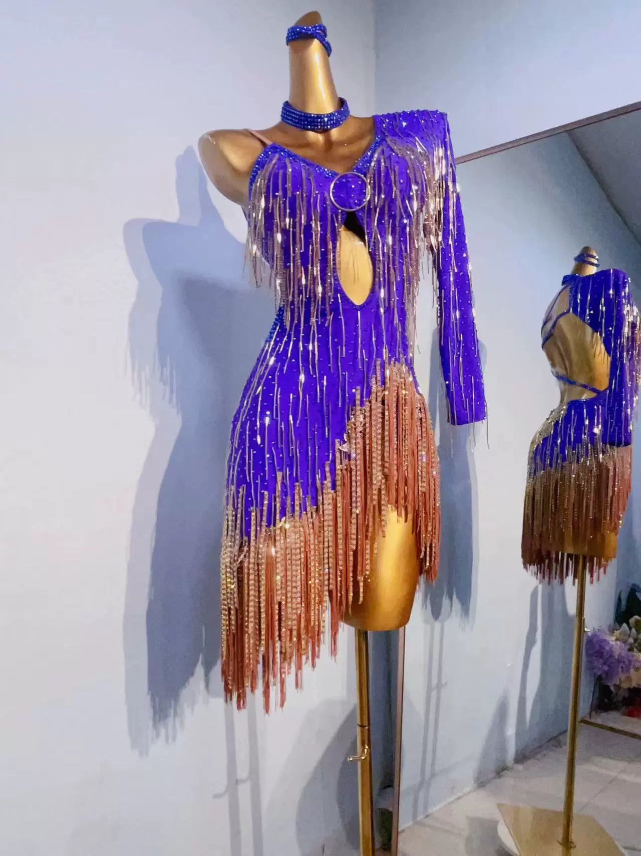 Custom size violet competition Latin dance dresses for girls kids adult salsa rumba chacha samba performance clothes handmade with bling gemstones - Moderndancedress.com
