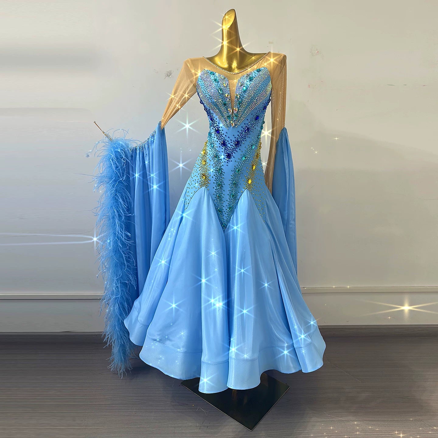 Custom Size Blue Crystal Competition Ballroom Dance Dress Waltz Tango Foxtrot Dance Gown