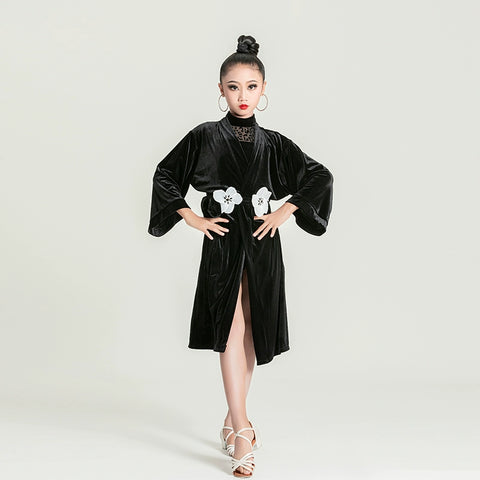 Girls kids leopard black velvet Latin dance robe for children ballroom salsa rumba practice dancing catwalk performance outwear long coat