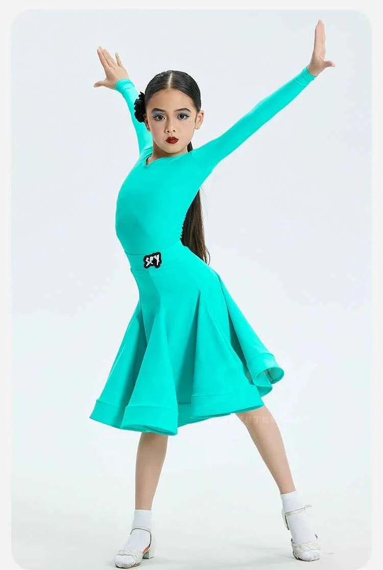 Girls Latin Dance Dresses Children Turquoise Ballroom Latin Regulations Competition Costume for Kids