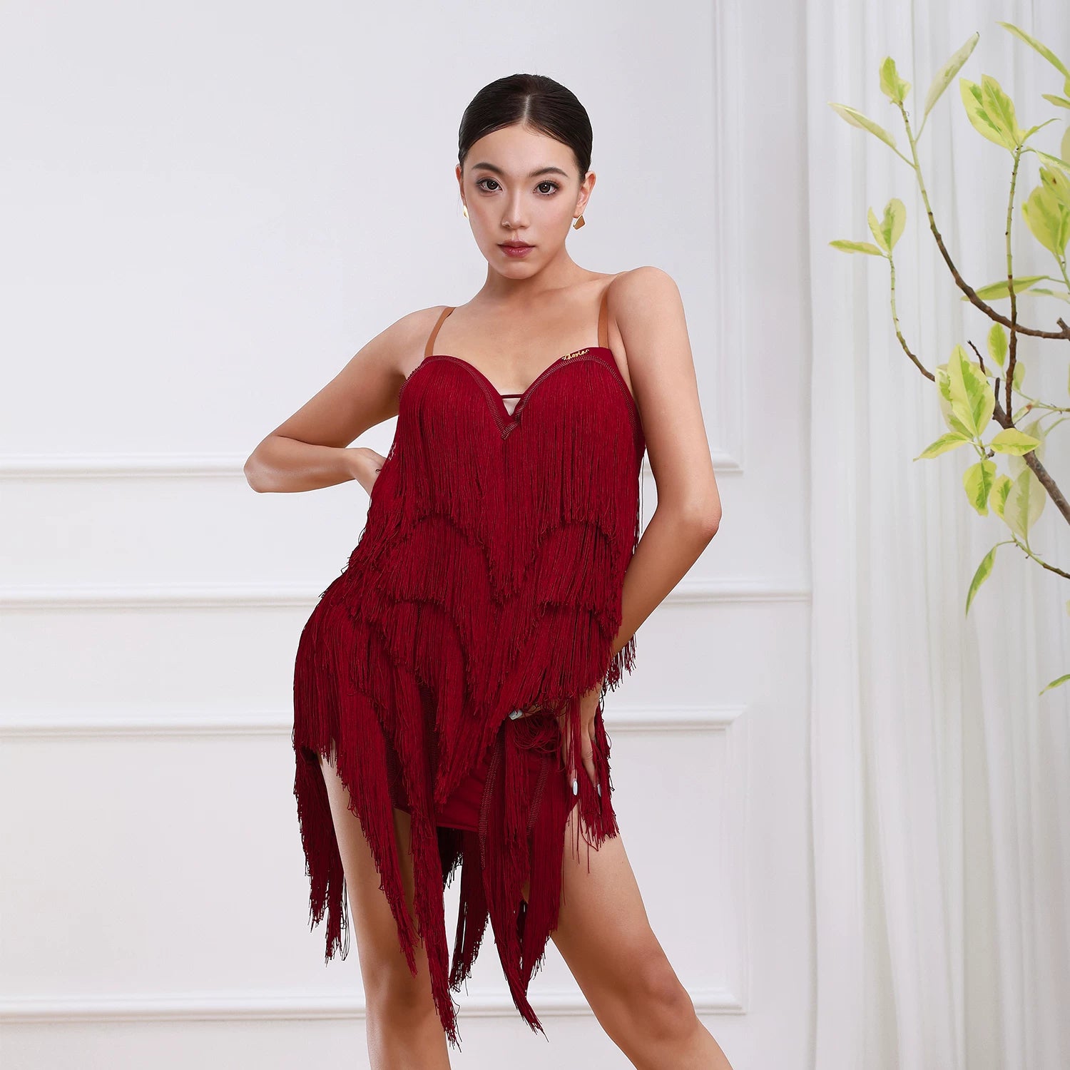 Latin Dance Dress Pink Wine Fringe Salsa Chacha Ballroom Dance Costumes Sling Clothing