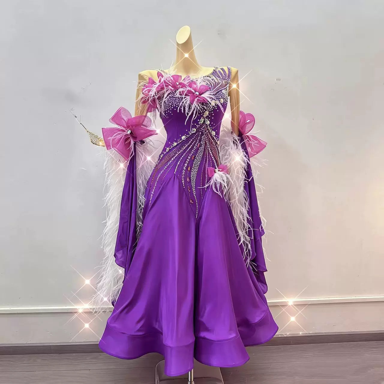 Customized Violet & 3D Pink Bowknot Competition Ballroom Dance Dress