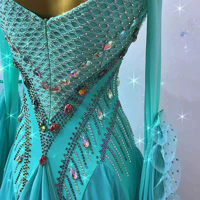 Custom Size Competition Ballroom Dance Dresses for Women Girls Turquoise Bling Waltz Tango Foxtrot Dance Long Gown