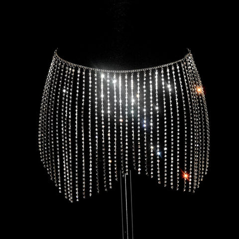 Women girls latin jazz rave dance Rhinestone tassel waist chain hollow bling hot pole dance tassel skirt belly dance body chain belts - Moderndancedress.com