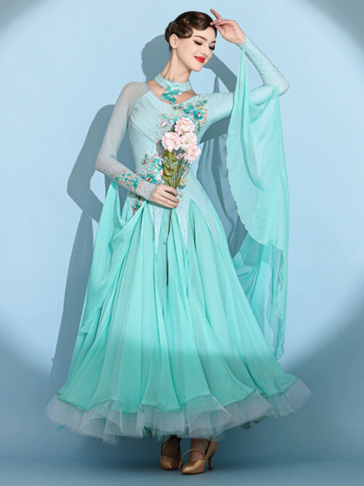 Aqua green color competition ballroom dance dresses for women girls waltz tango senior rhythm modern dance costume - Moderndancedress.com