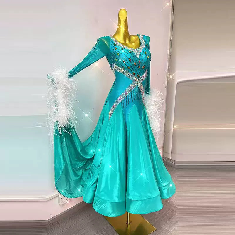 Customized Turquoise Competition Ballroom Dress Waltz Tango Smooth Gown