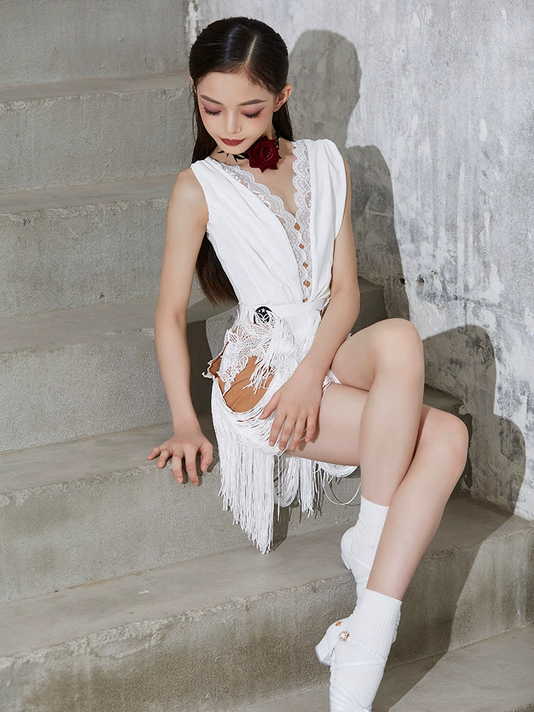 Black white lace fringe competition latin dance dresses for girls kids salsa rumba chacha ballroom sleeveless  fairy professional dance wear - Moderndancedress.com