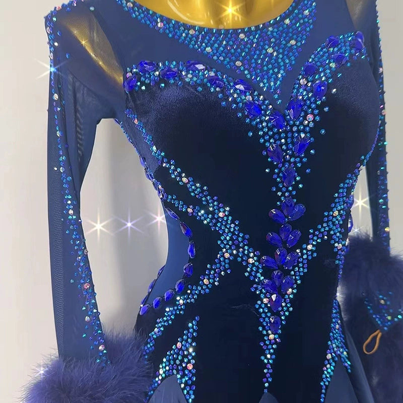 Custom Size Navy Feather Competition Ballroom Dance Dresses for Women Girls Waltz Foxtrot Smooth Dance Swing Skirts - Moderndancedress.com