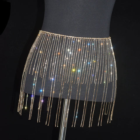 Women girls latin jazz rave dance Rhinestone tassel waist chain hollow bling hot pole dance tassel skirt belly dance body chain belts - Moderndancedress.com