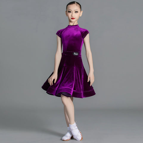 Latin Dance Competition dresses for kids girls wine green Short Sleeves Standard ballroom latin Competition Suit