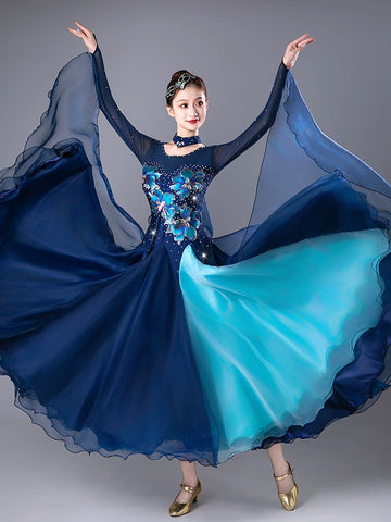 Navy Red Competition Ballroom Dance Dresses for Women Girls Diamond Waltz Tango Foxtrot Rhythm Performance Costumes - Moderndancedress.com