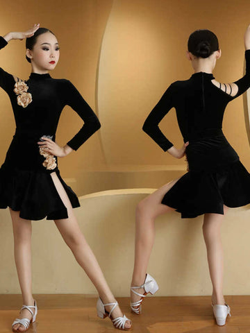 Latin dance dresses for girls kids slant neck long sleeves salsa chacha velvet Latin dance skirt performance clothing for children - Moderndancedress.com