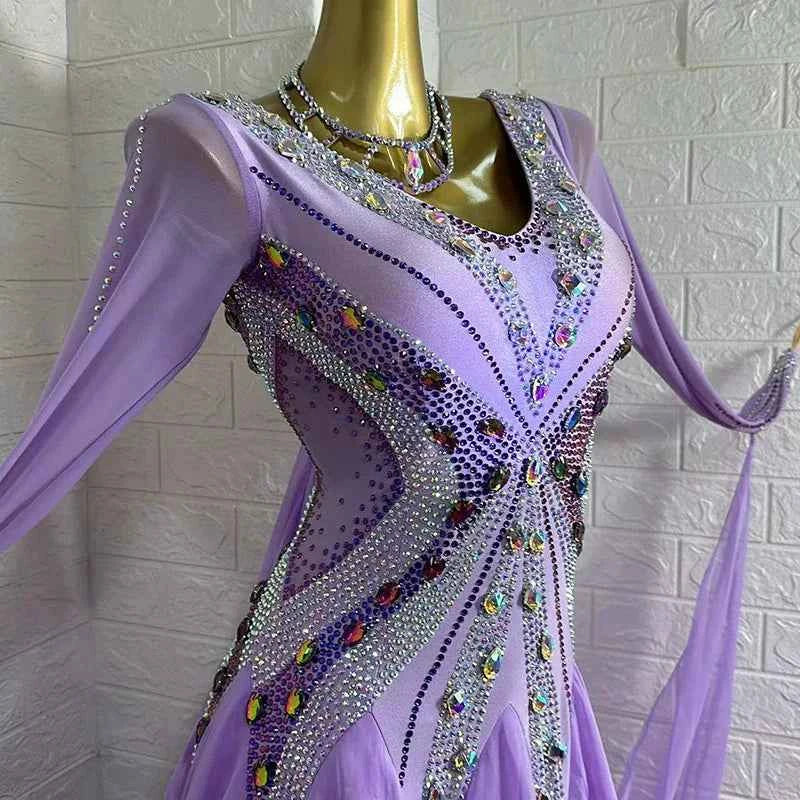 Custom Size Lavender Luxury Ballroom Dance Dress Rhinestones Waltz Competition Dance Gown