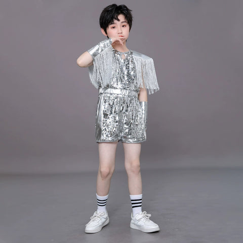 Children's Silver fringe Sequins jazz dance Costumes Hip Hop Catwalk Models Dance outfits for  Boys Girls - Moderndancedress.com