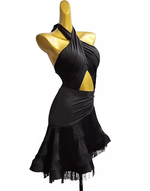 Women Halter Neck Fringe Latin Dance Dresses Girls Backless Salsa Rumba Chacha Performance Costumes for Female - Moderndancedress.com