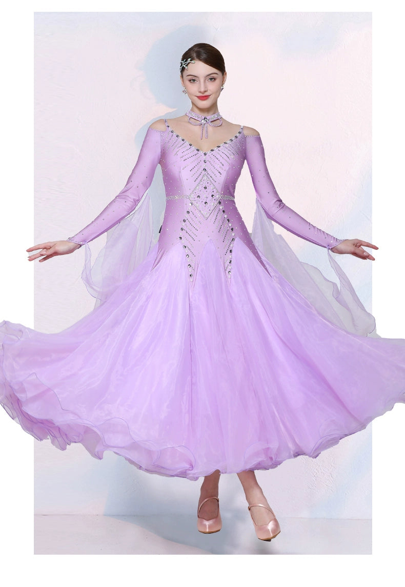 Competition National Ballroom Dance Dresses for Women Girls Mint Lavender White Tango Waltz Foxtrot Performance Long Gown