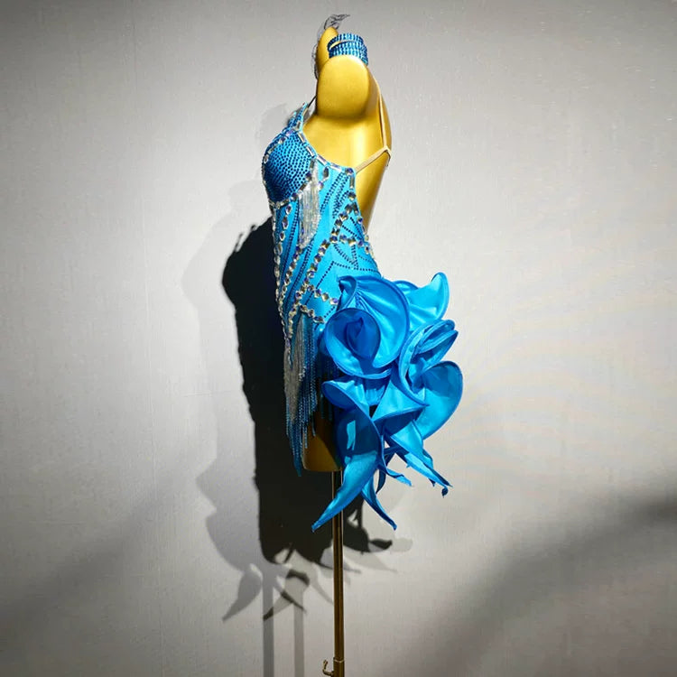Custom Size Turquoise Competition Latin Dance Dress Bling Bead Tube Salsa Chacha Performance Costume