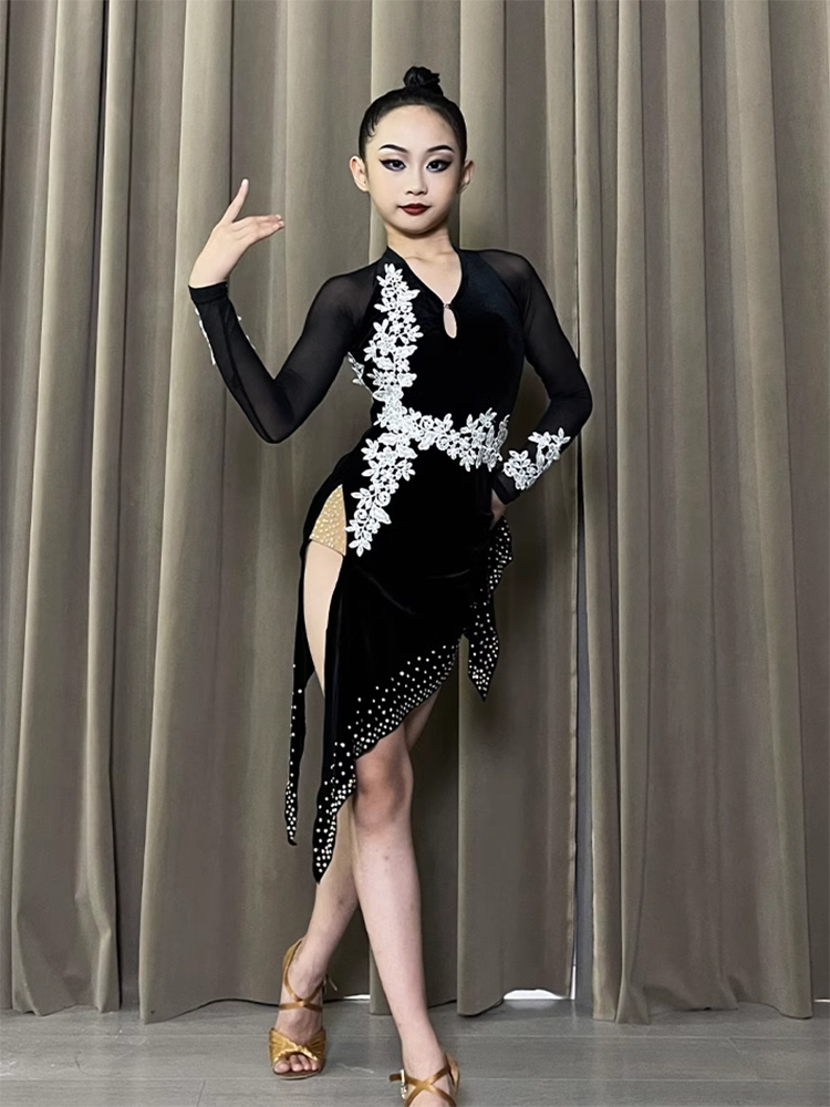 Customize Size black velvet Latin dance dresses for women girls competition salsa rumba chacha solo dance side slit bling dresses - Moderndancedress.com