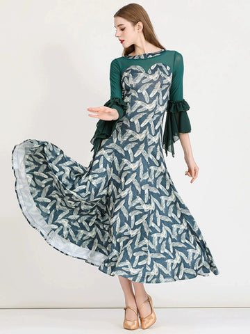 Printing flowers ballroom dance dresses for women girls waltz tango modern dance long gown stage performance practice clothes - Moderndancedress.com