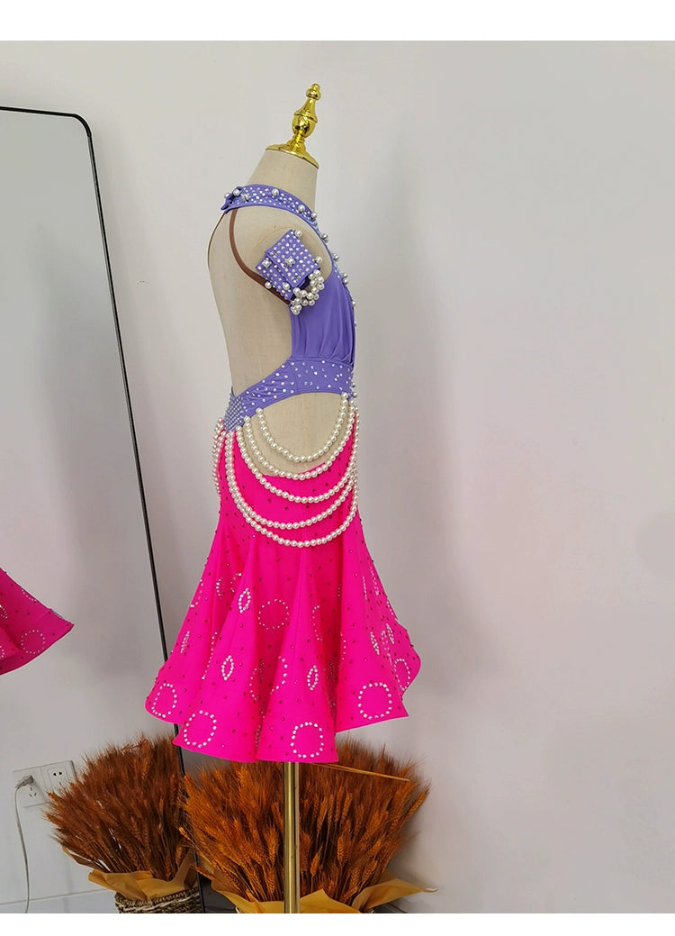 Girls Latin Dance Dresses for Kids Purple Black Pearls Diamond Salsa Rumba Chacha Performance Costumes
