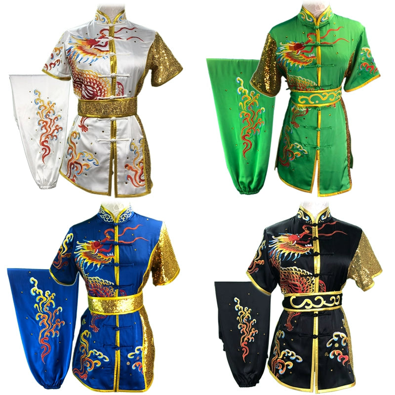 Chinese Martial Arts Clothes Kungfu Clothe  Tai Chi  Children's Wushu Competition Performing Colorful Clothes, Green Embroidery Dragon - Moderndancedress.com