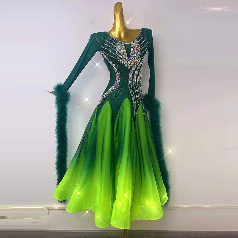 Custom Size Green Gradient Ballroom Dance Dresses for Women Girls Waltz Tango Foxtrot Smooth Dance Long Skirts - Moderndancedress.com