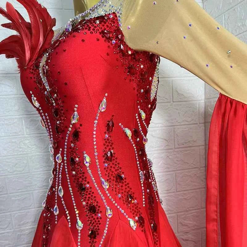 Customized Size Red Competition Ballroom Dance Dresses for Women Girls Feather  Modern Waltz Tango Dance Long Gown