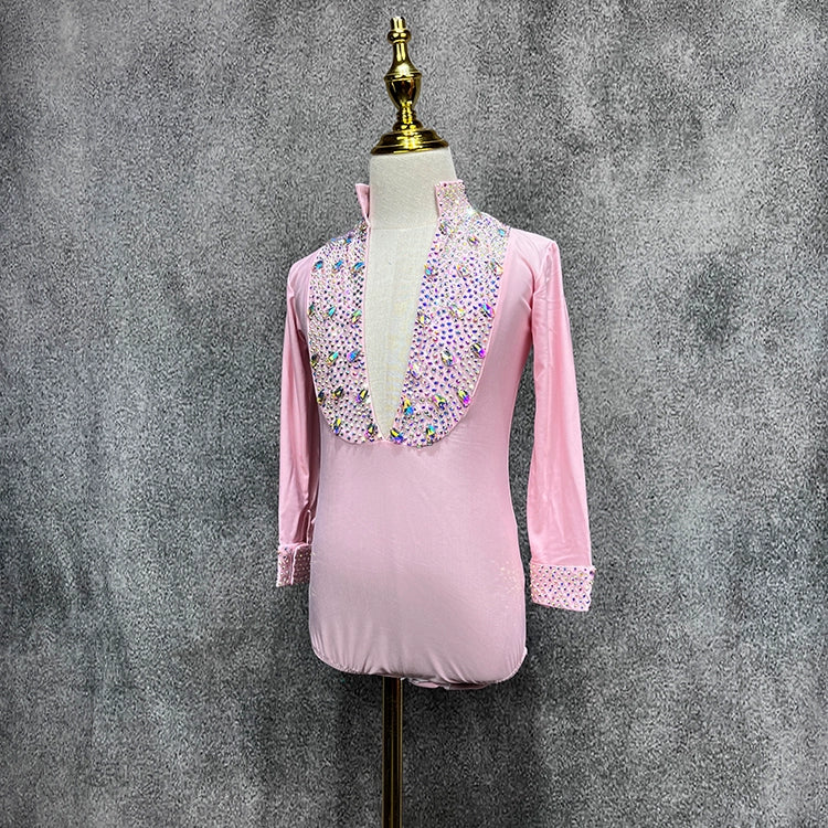 Custom Size Pink Rhinestones Boys Latin Dance Shirts Salsa Ballroom Flower Costume Competition Performance Top for Kids - Moderndancedress.com