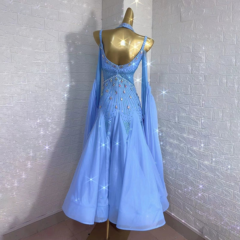 Custom Size Blue Ballroom Dance Dresses for Women Girls Waltz Tango Competition Performance Gown Off Shoulder - Moderndancedress.com
