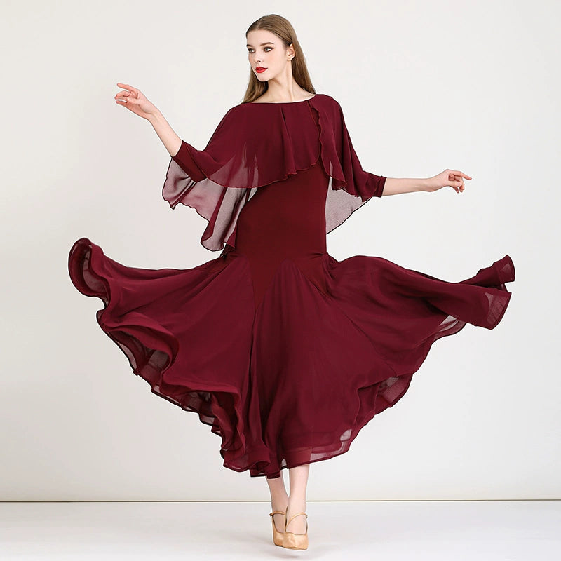 Burgundy Modern Flowy Ruffles Sleeves Ballroom Dance Dress for Women Girls National Foxtrot Smooth Tango Waltz Dance Long Gown - Moderndancedress.com